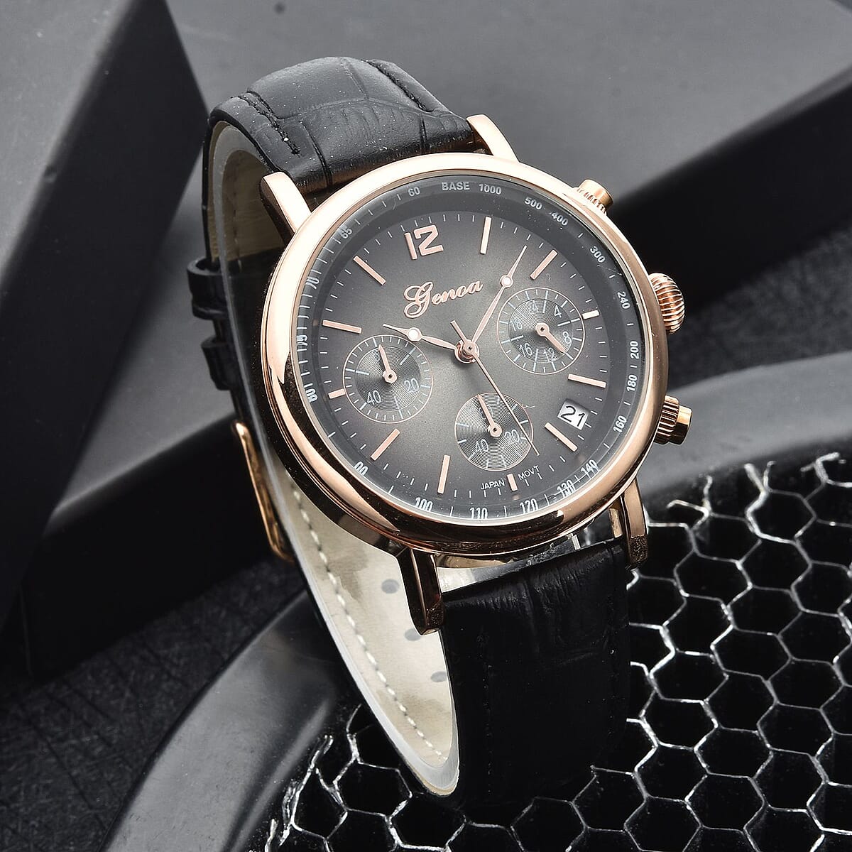 Genoa Japanese Movement Multi Functional Chronographic Dial Watch with Black Leather Strap (38mm) (7.-8.5Inch) image number 1