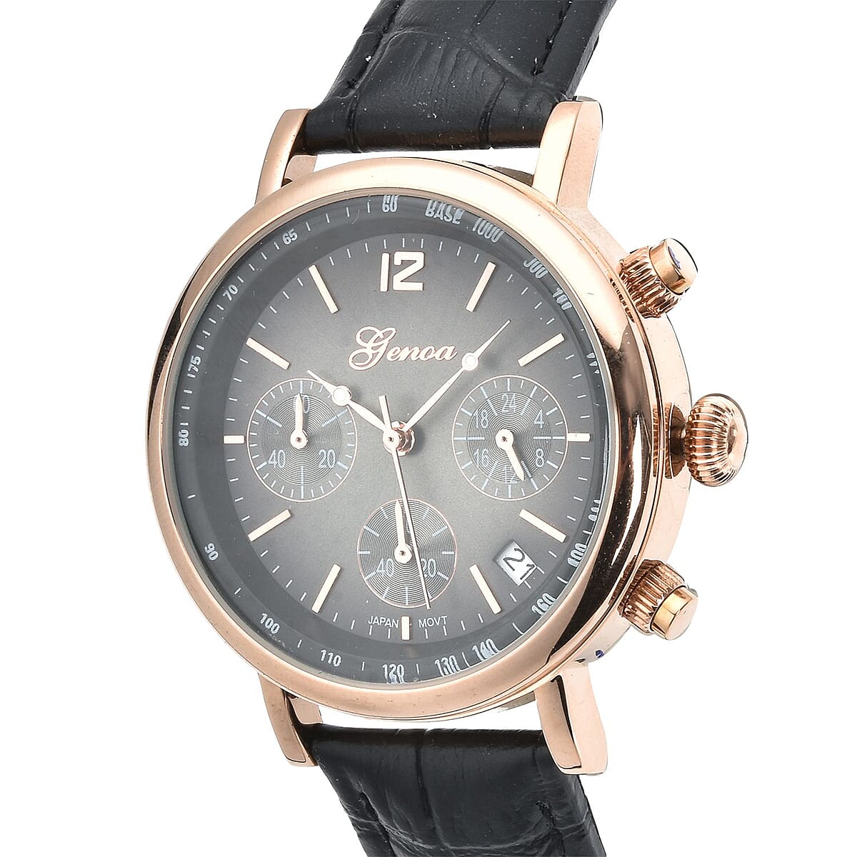 Genoa Japanese Movement Multi Functional Chronographic Dial Watch with Black Leather Strap (38mm) (7.-8.5Inch) image number 3