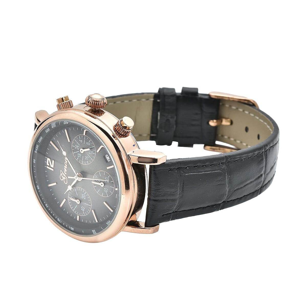 Genoa Japanese Movement Multi Functional Chronographic Dial Watch with Black Leather Strap (38mm) (7.-8.5Inch) image number 4
