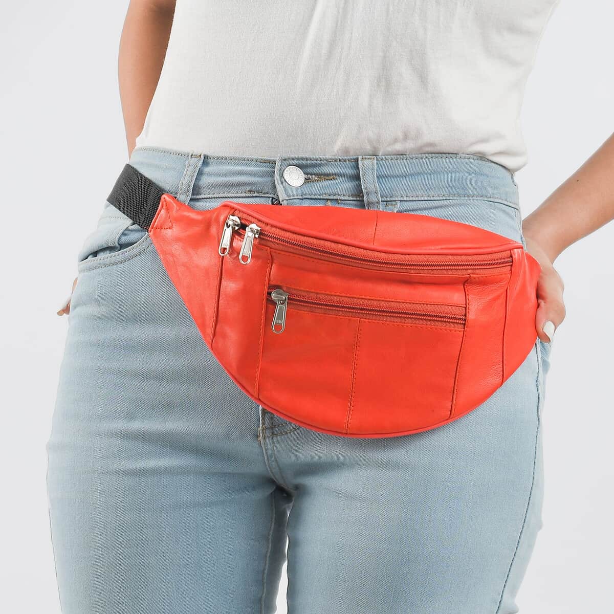 "RFID Protected 100% Genuine Leather Fanny Bag Size: 15x6.25 inches Color: Red" image number 1