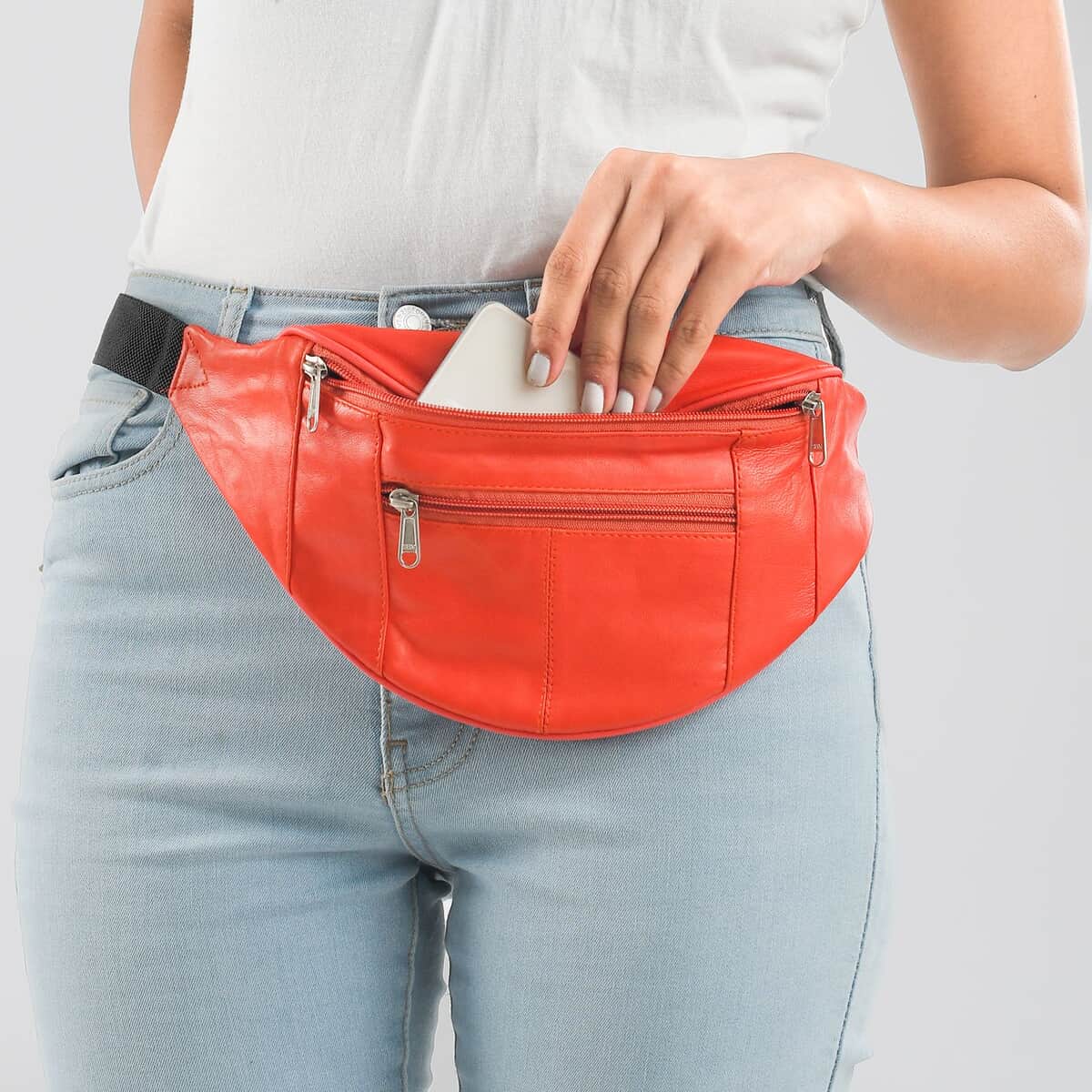 "RFID Protected 100% Genuine Leather Fanny Bag Size: 15x6.25 inches Color: Red" image number 2