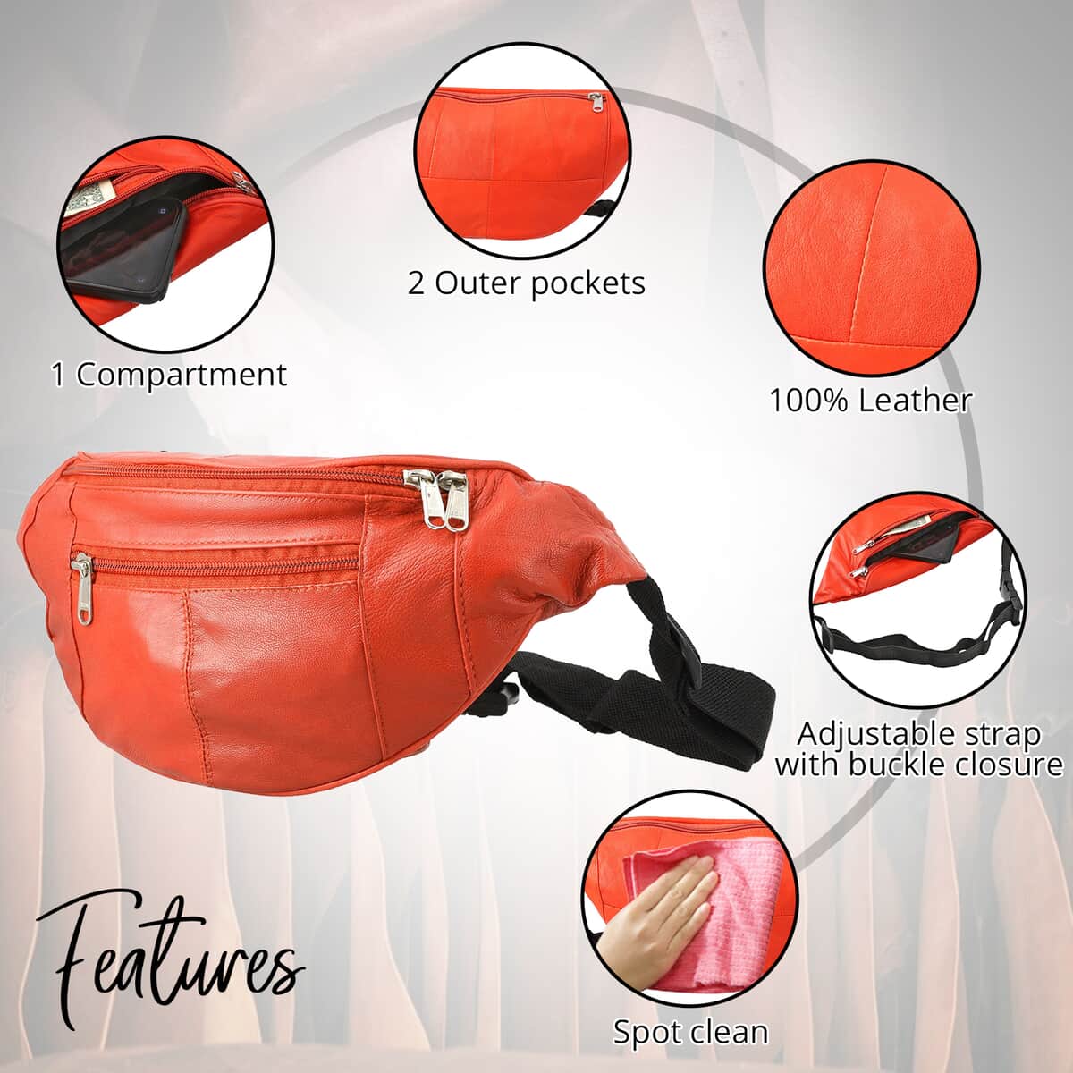 "RFID Protected 100% Genuine Leather Fanny Bag Size: 15x6.25 inches Color: Red" image number 3