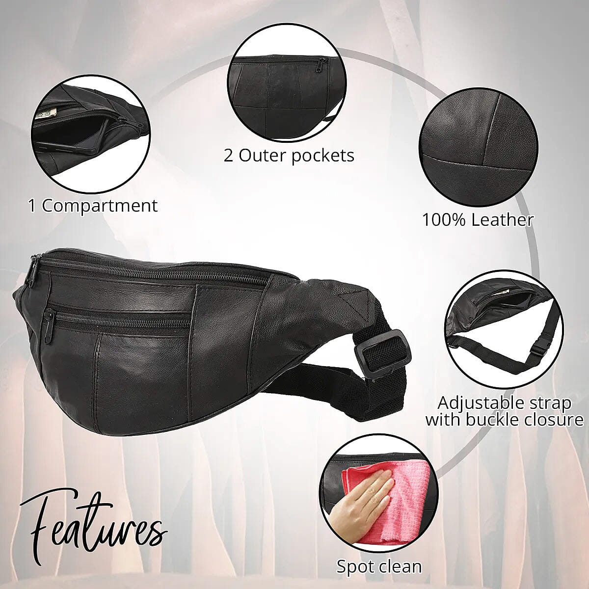 Black Genuine Leather RFID Fanny Bag image number 2