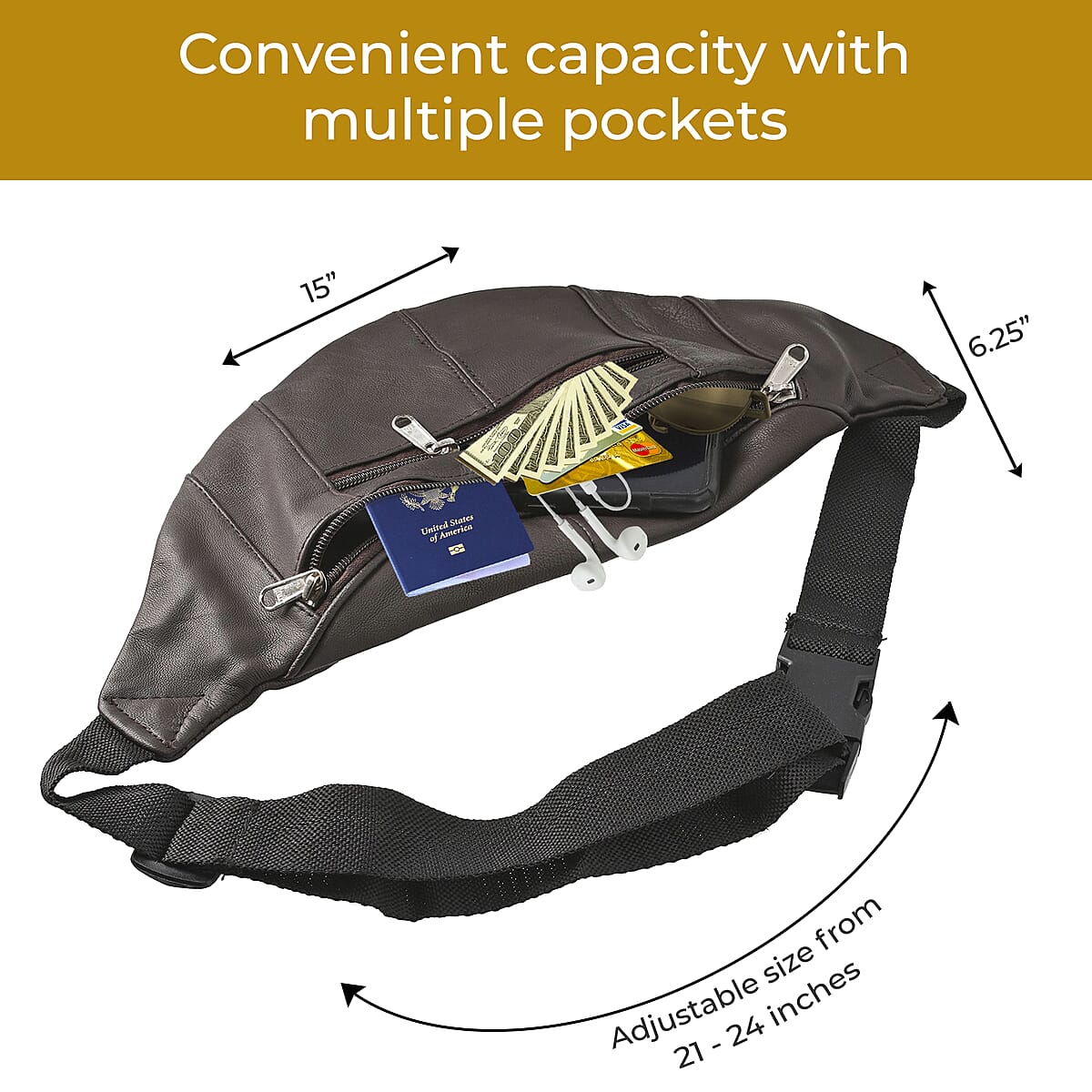 Black Genuine Leather RFID Fanny Bag image number 3