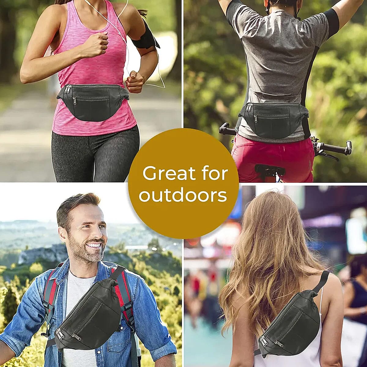 Black Genuine Leather RFID Fanny Bag image number 4