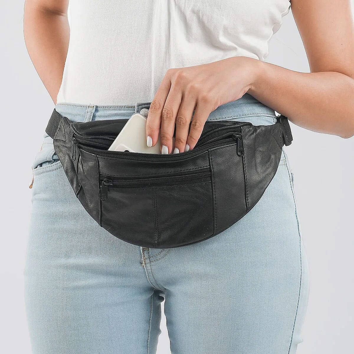 Black Genuine Leather RFID Fanny Bag image number 5