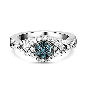 Blue and White Diamond 0.50 ctw Ring in Platinum Over Sterling Silver (Size 10)