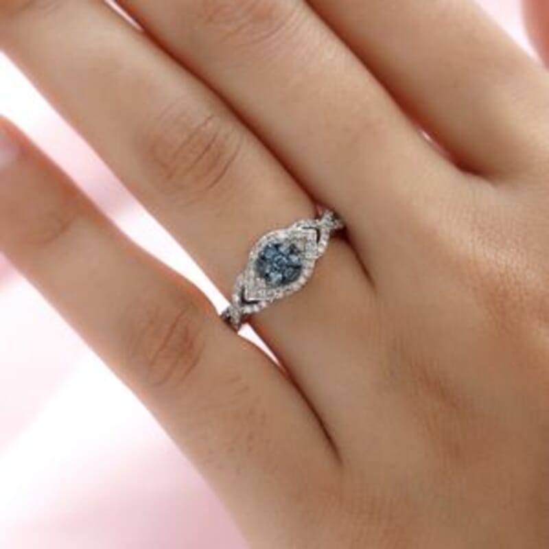 Blue and White Diamond 0.50 ctw Ring in Platinum Over Sterling Silver (Size 10)