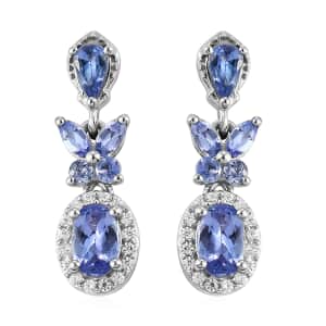 Tanzanite and White Zircon Dangling Earrings in Platinum Over Sterling Silver 2.10 ctw
