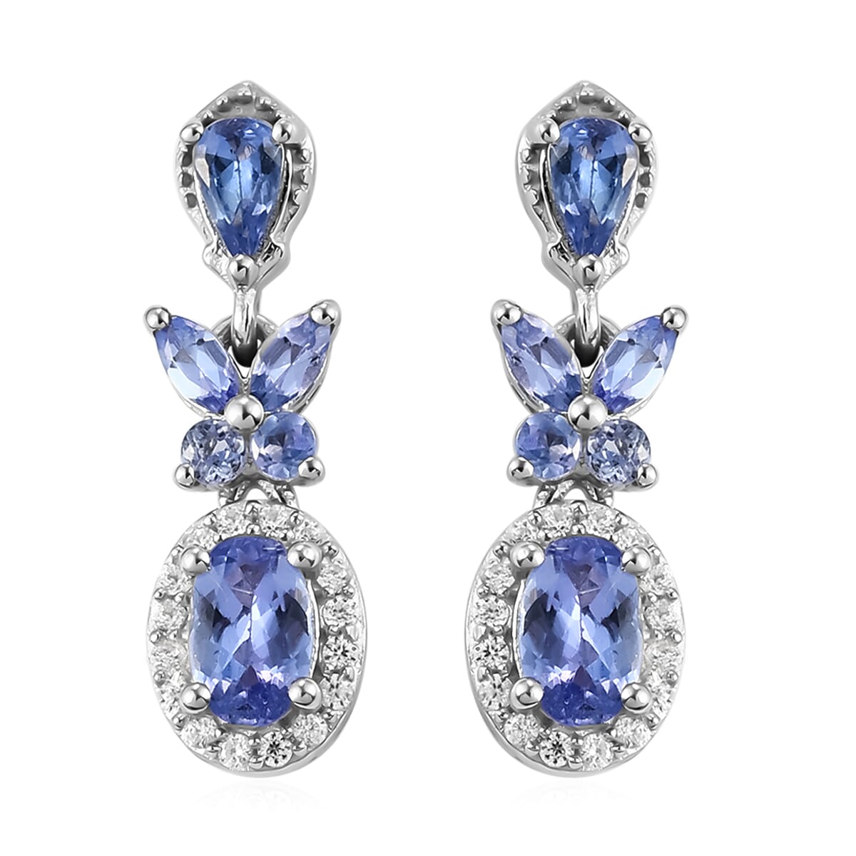 Tanzanite and Natural White Zircon Dangling Earrings in Platinum Over Sterling Silver 2.00 ctw image number 0