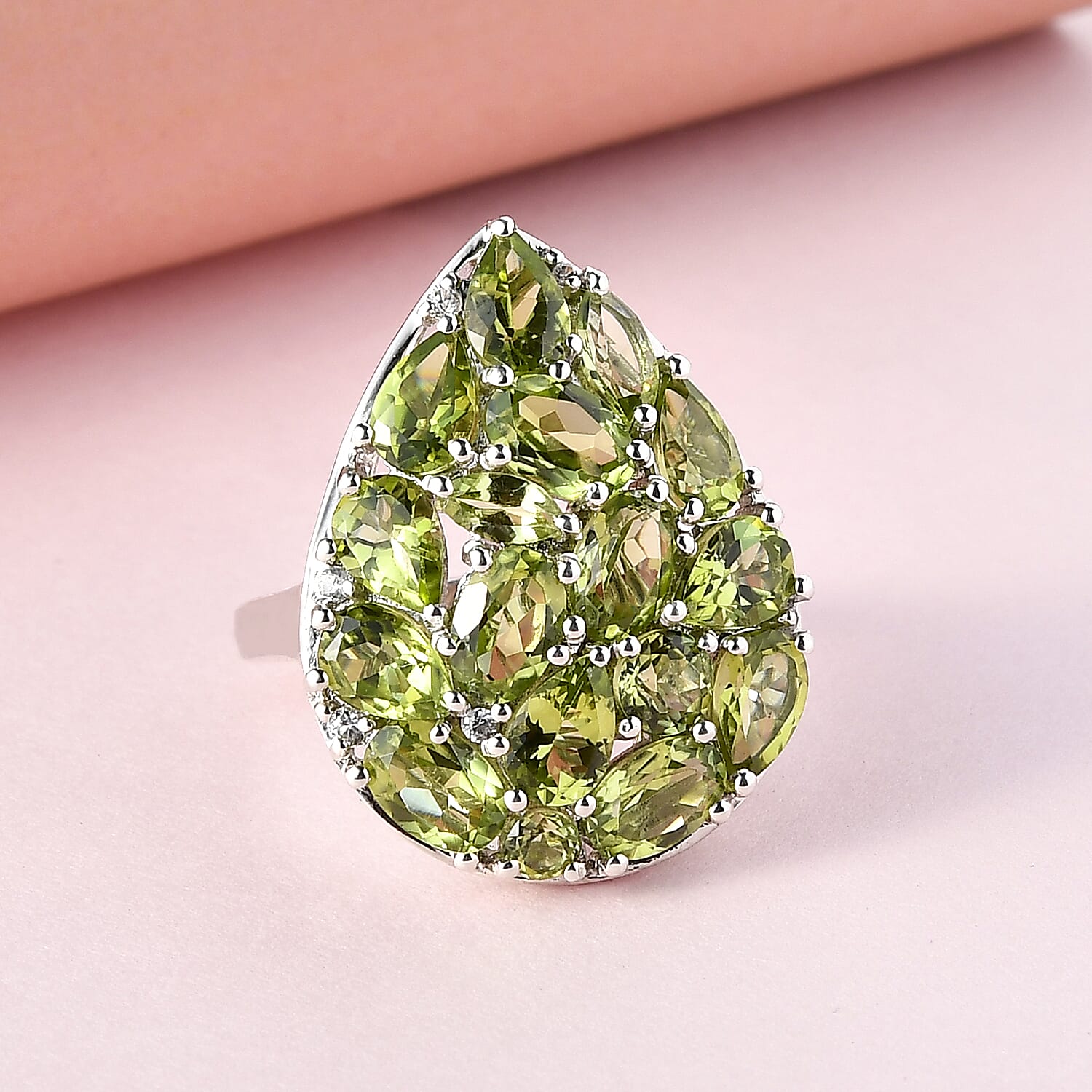 Hebei Peridot and White Zircon 6.80 ctw Ring in Platinum Over Sterling Silver (Size 5.5)