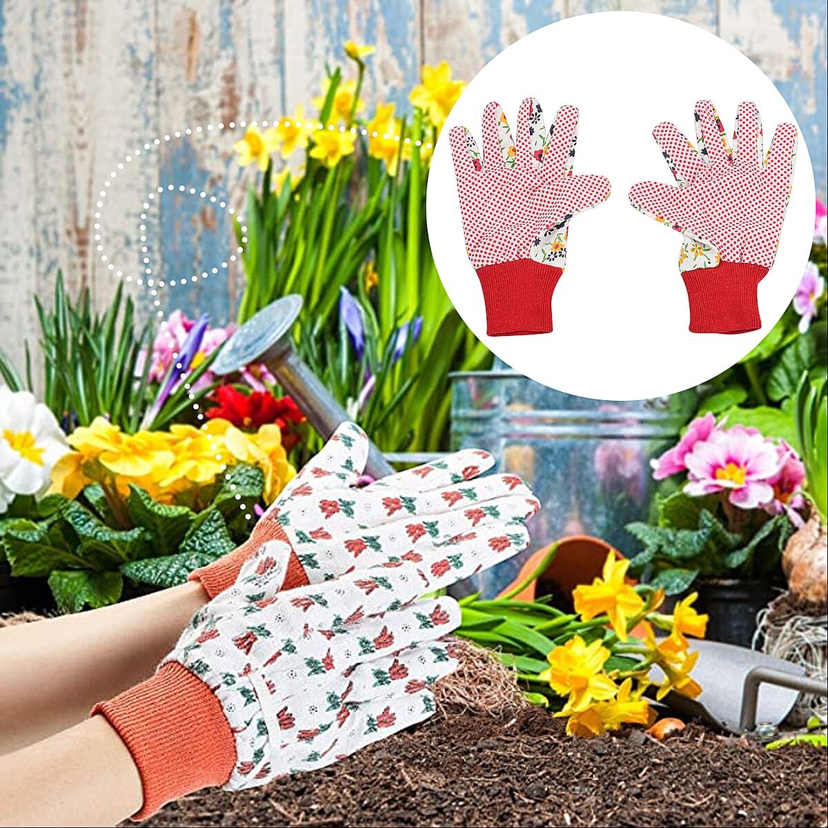 Multi Floral Garden Gloves Ladies Poly with Dot Palm 6asst Prints/l&g Tcd image number 1