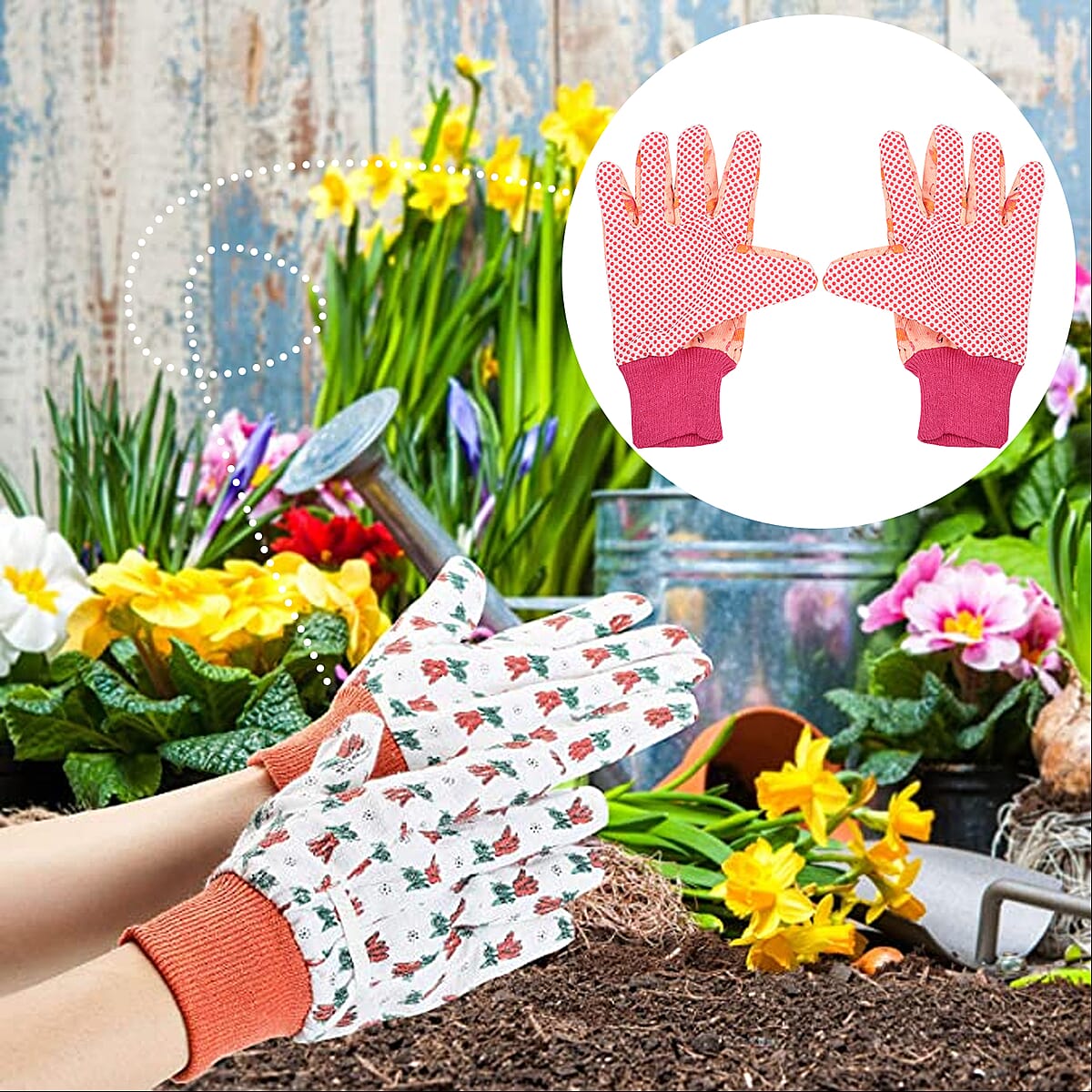 Pink Flamingo Garden Gloves Ladies Poly with Dot Palm 6asst Prints/l&g Tcd image number 1