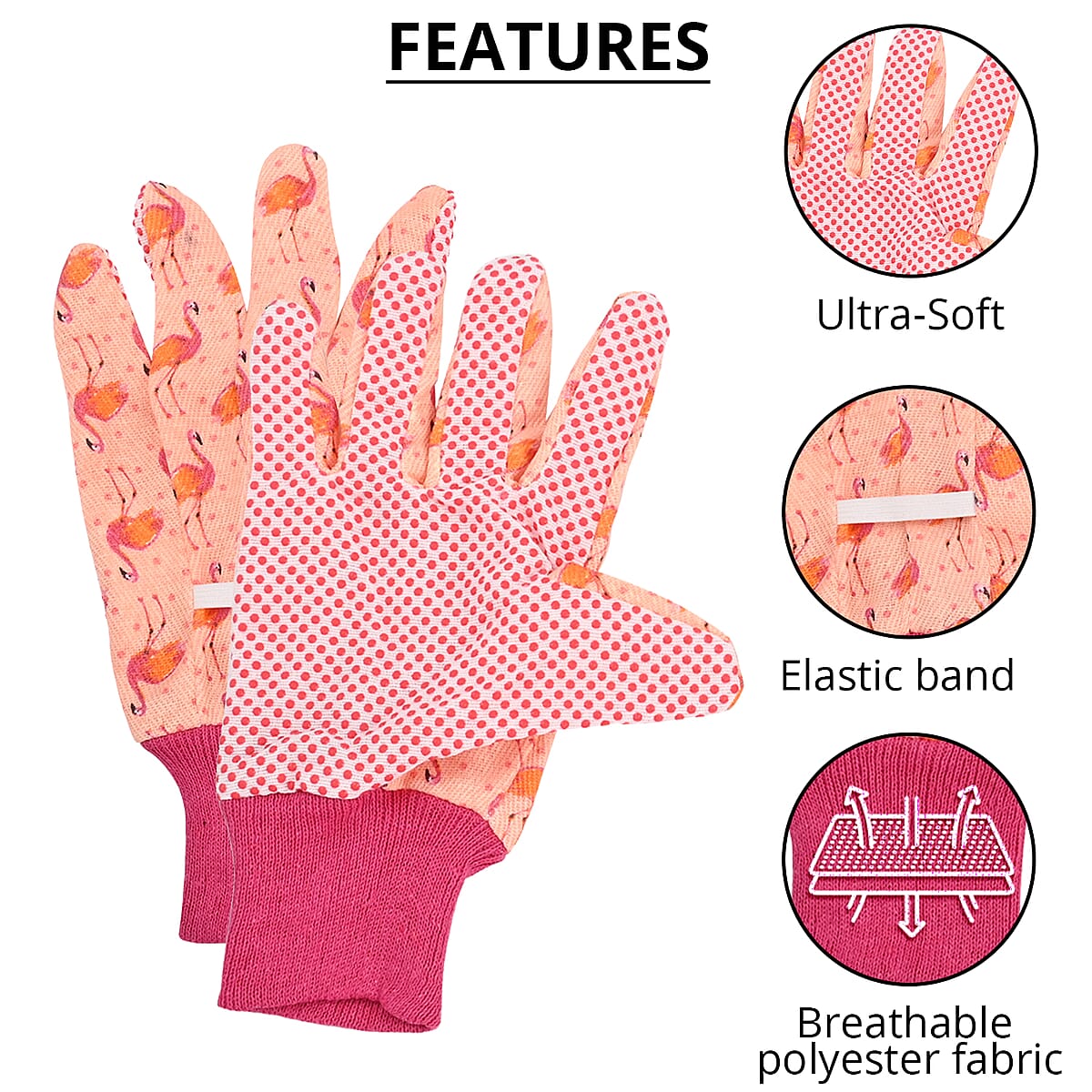 Pink Flamingo Garden Gloves Ladies Poly with Dot Palm 6asst Prints/l&g Tcd image number 2