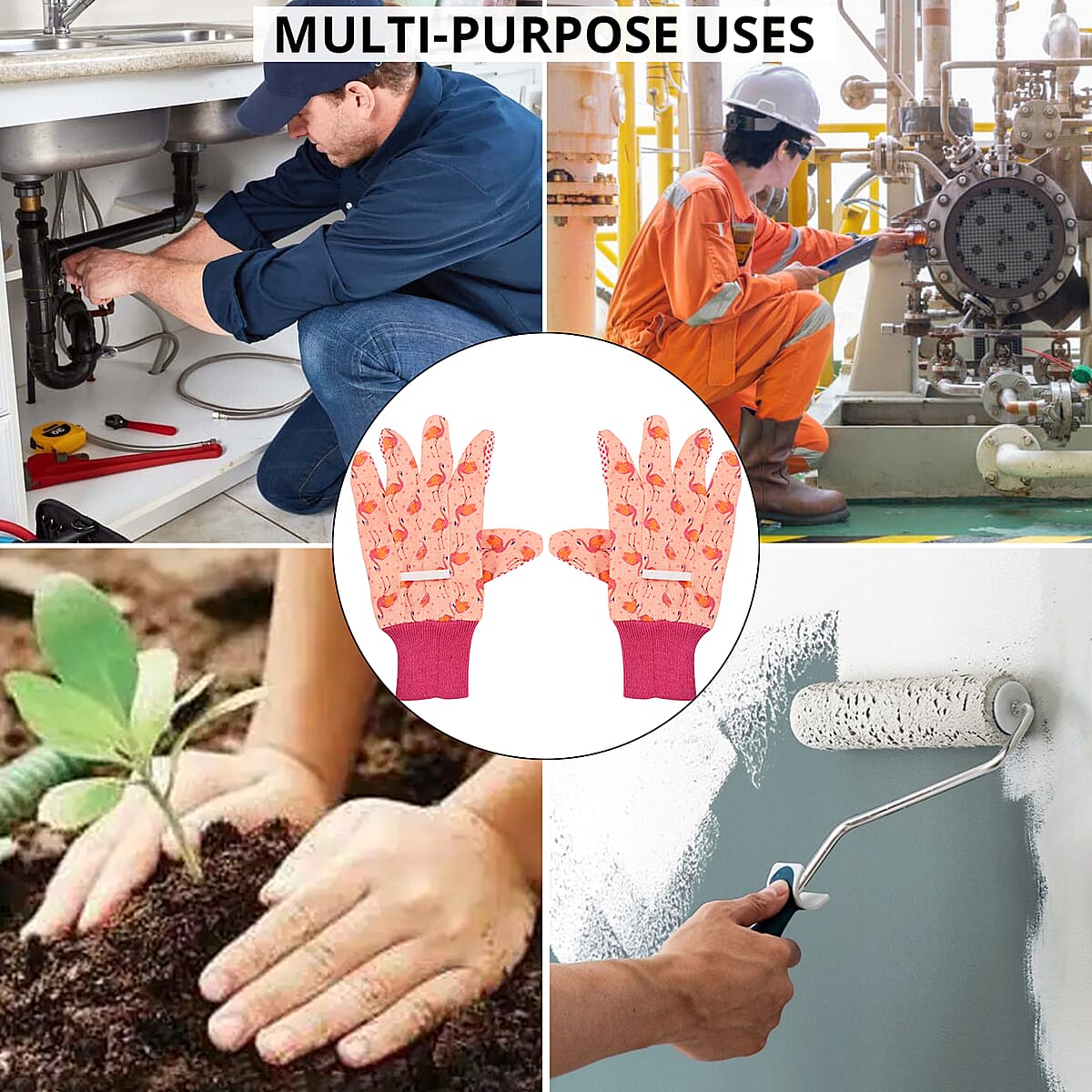 Pink Flamingo Garden Gloves Ladies Poly with Dot Palm 6asst Prints/l&g Tcd image number 3