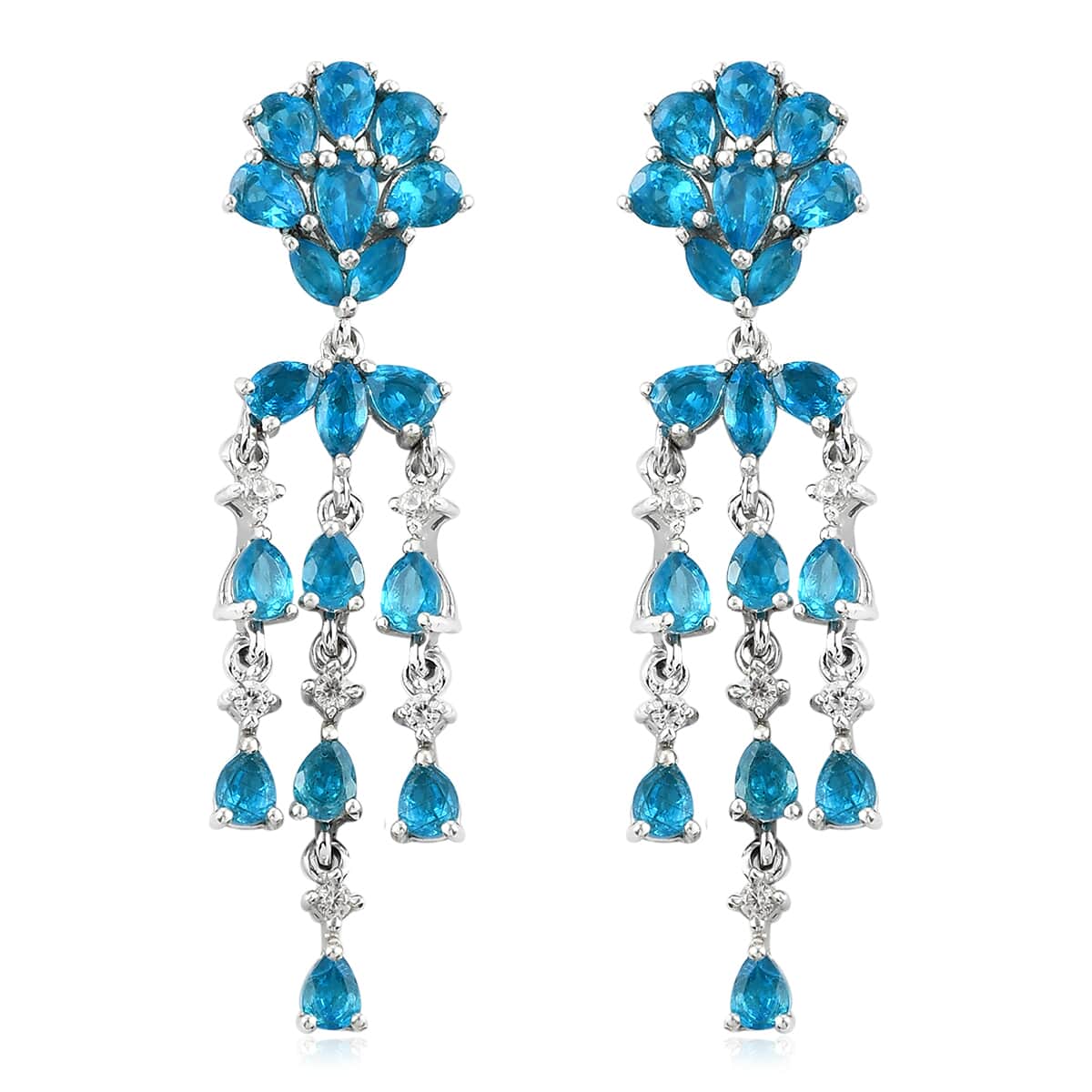 Malgache Neon Apatite and Natural White Zircon Chandelier Earrings in Platinum Over Sterling Silver 7.50 Grams 5.40 ctw image number 0