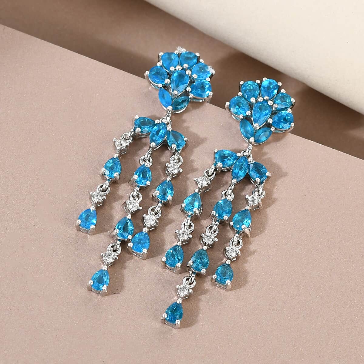 Malgache Neon Apatite and Natural White Zircon Chandelier Earrings in Platinum Over Sterling Silver 7.50 Grams 5.40 ctw image number 1