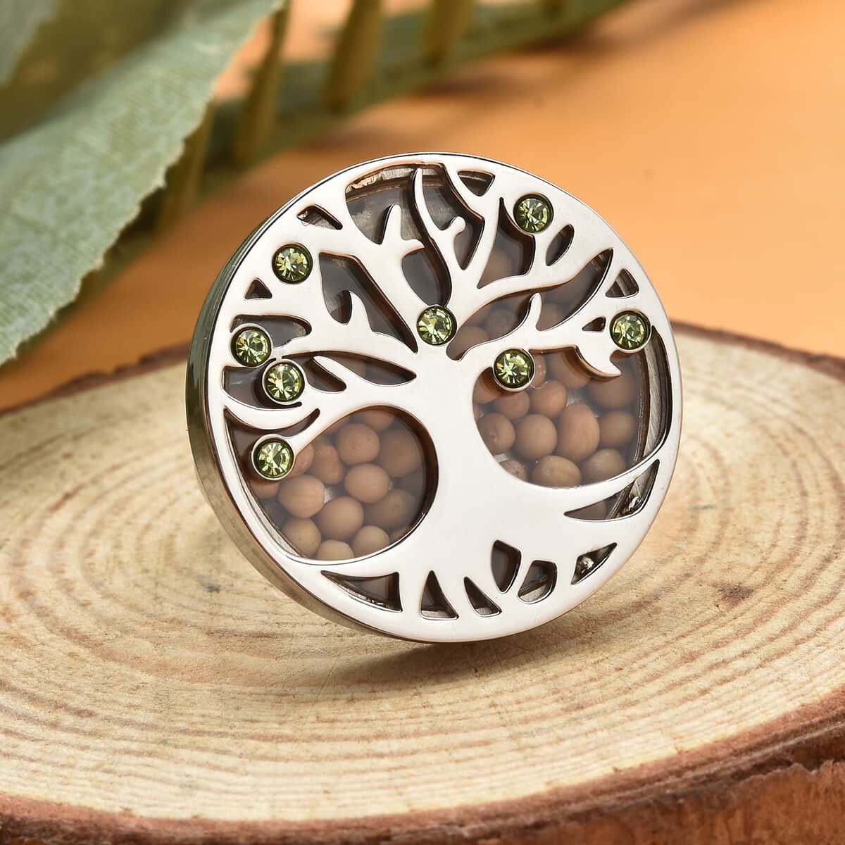 Simulated Green Diamond and Mustard Color Seed Tree of Life Ring in Stainless Steel (Size 10.0) image number 1