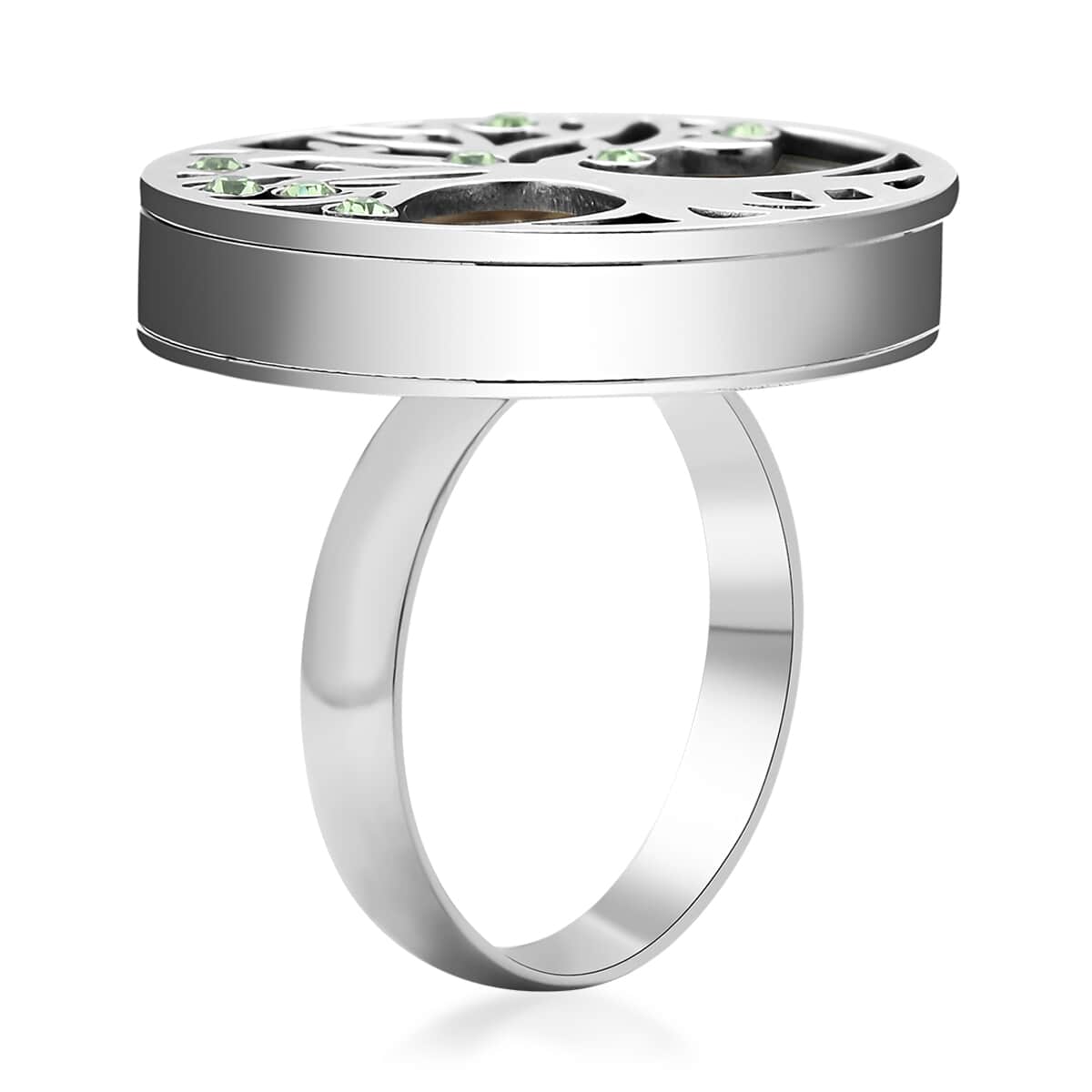 Simulated Green Diamond and Mustard Color Seed Tree of Life Ring in Stainless Steel (Size 10.0) image number 3