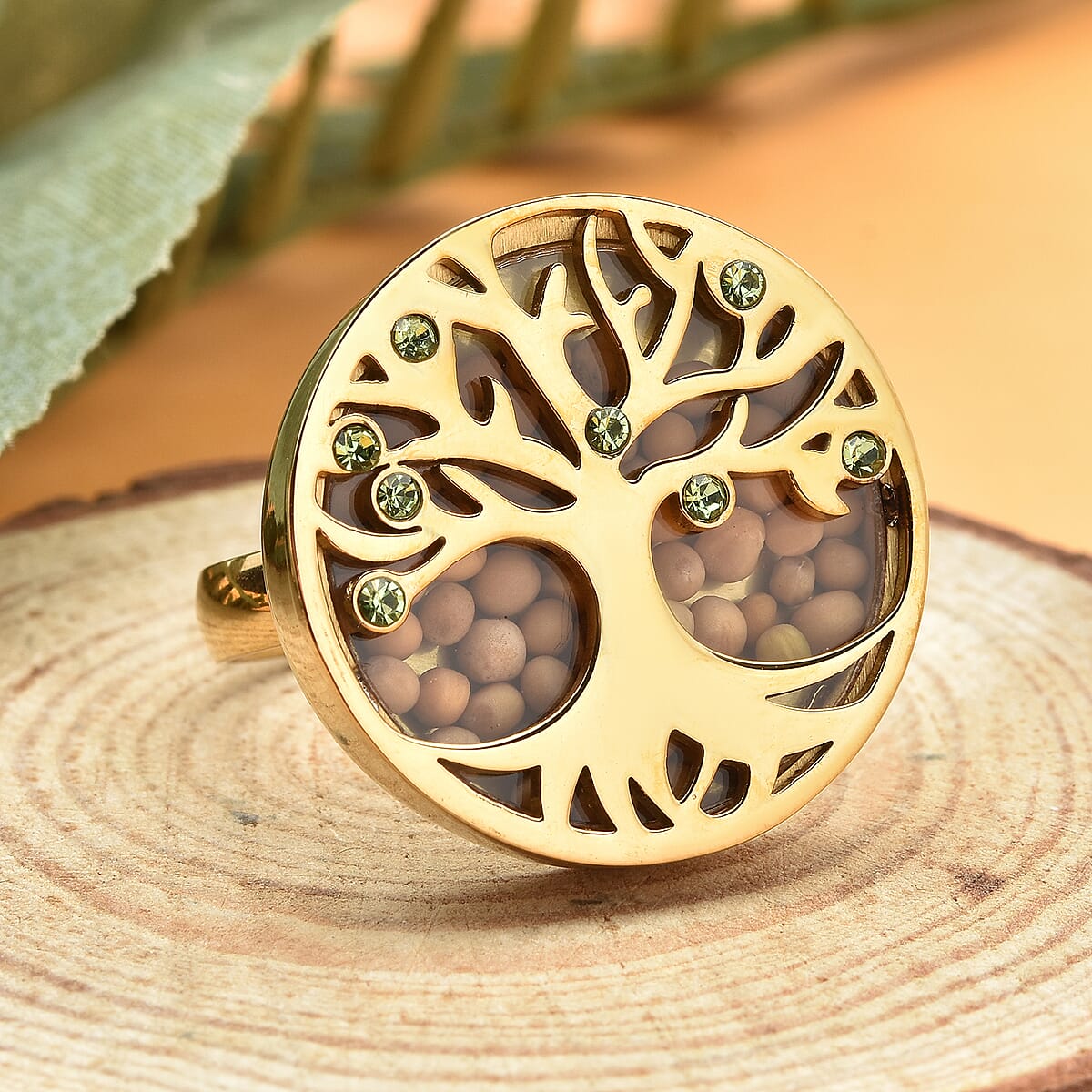 Simulated Green Diamond and Mustard Seed Tree of Life Ring in ION Plated YG Stainless Steel (Size 8.0) image number 1
