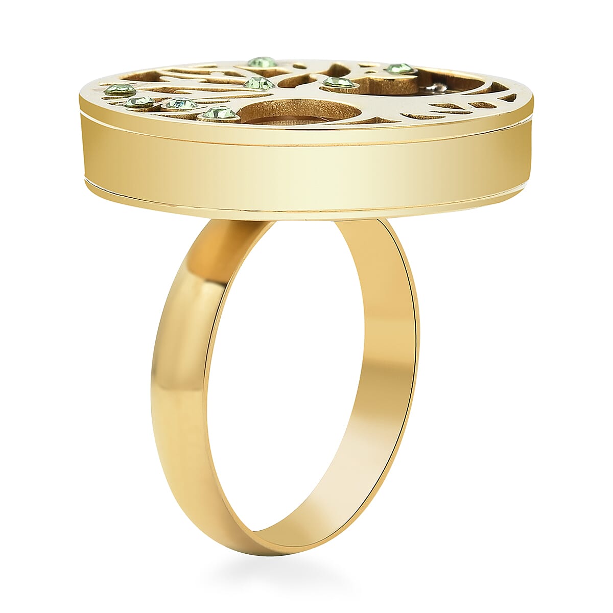 Simulated Green Diamond and Mustard Seed Tree of Life Ring in ION Plated YG Stainless Steel (Size 8.0) image number 3