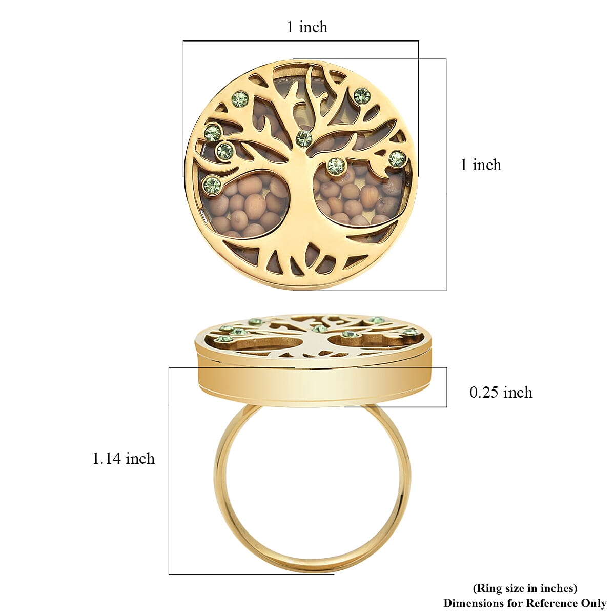 Simulated Green Diamond and Mustard Seed Tree of Life Ring in ION Plated YG Stainless Steel (Size 8.0) image number 5