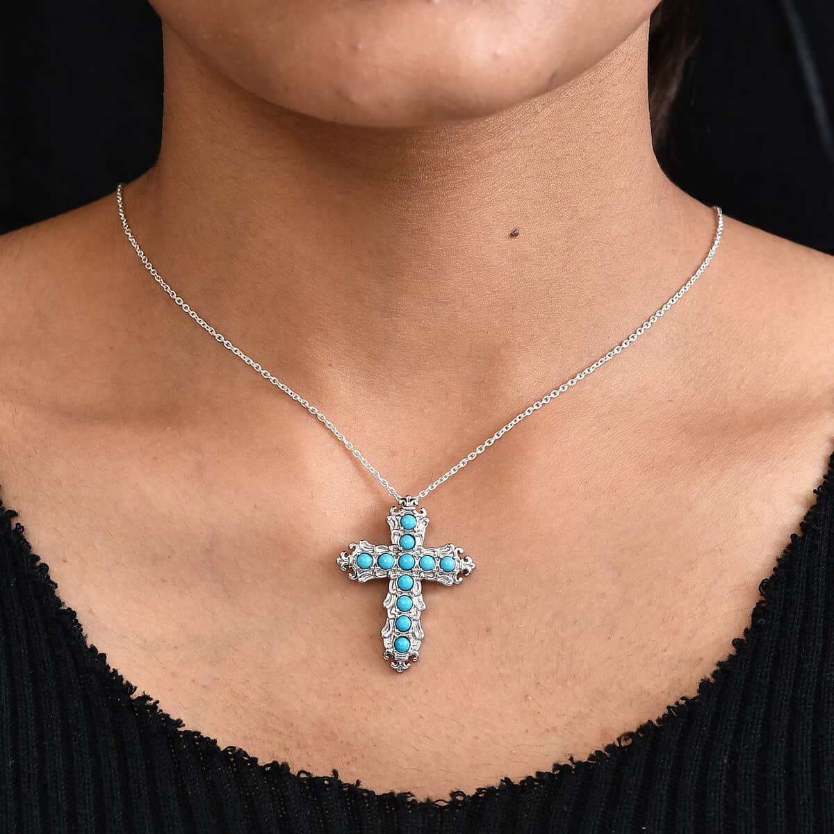 Sleeping Beauty Turquoise Cross Pendant in Stainless Steel 1.15 ctw image number 2