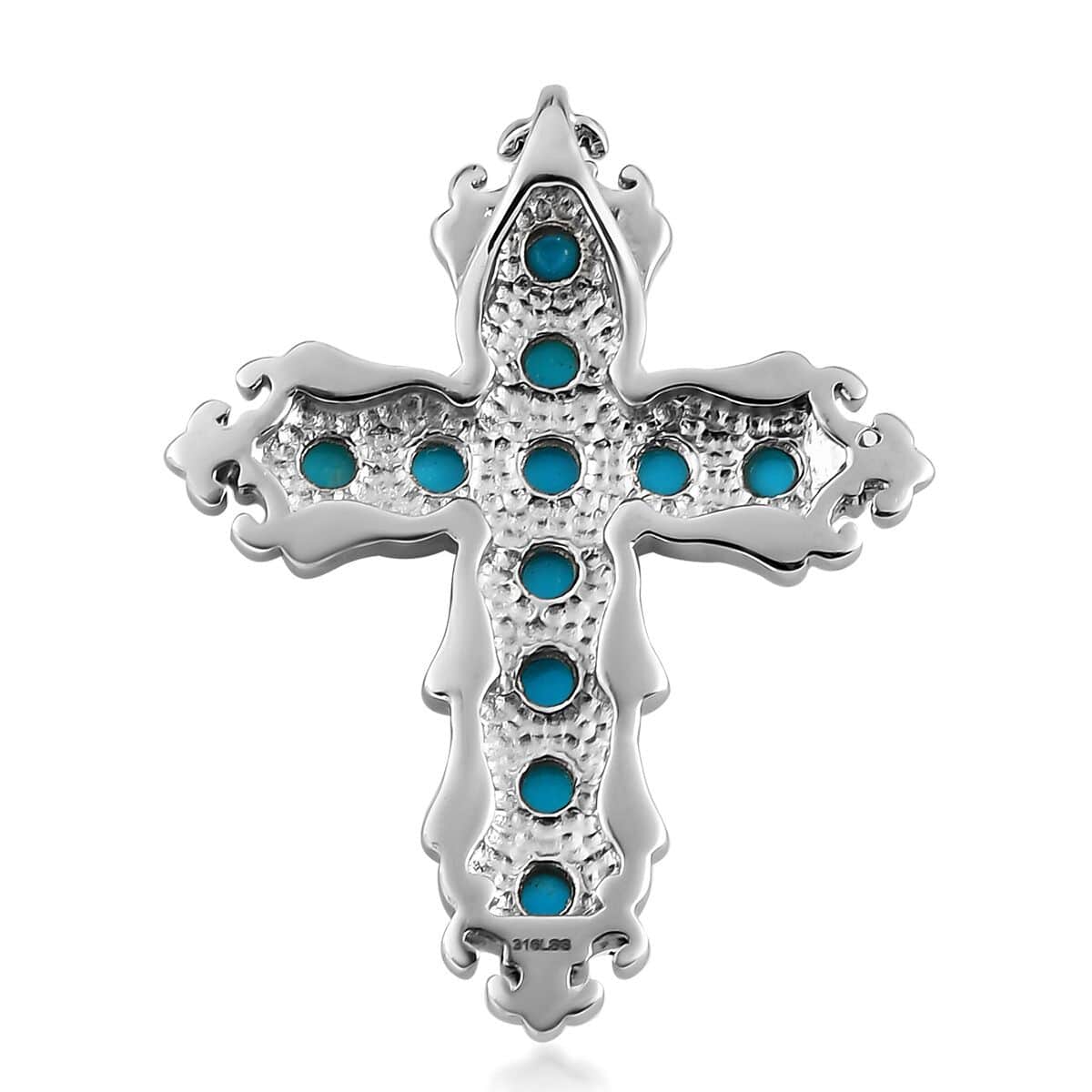 Sleeping Beauty Turquoise Cross Pendant in Stainless Steel 1.15 ctw image number 4