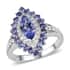 Tanzanite and Natural White Zircon Elongated Ring in Platinum Over Sterling Silver 2.10 ctw image number 0