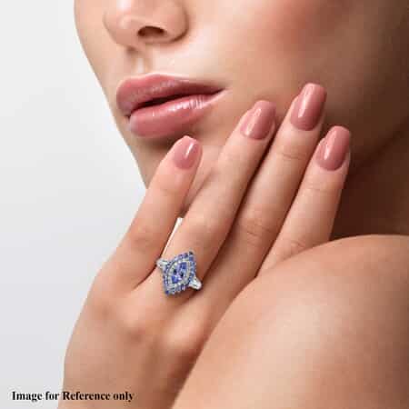 Tanzanite and Natural White Zircon Elongated Ring in Platinum Over Sterling Silver 2.10 ctw image number 2