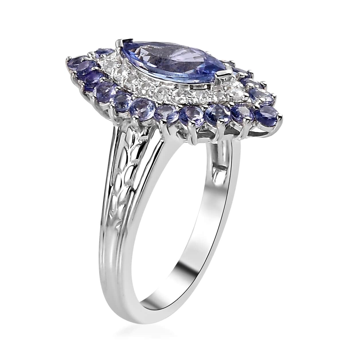 Tanzanite and Natural White Zircon Elongated Ring in Platinum Over Sterling Silver 2.10 ctw image number 3