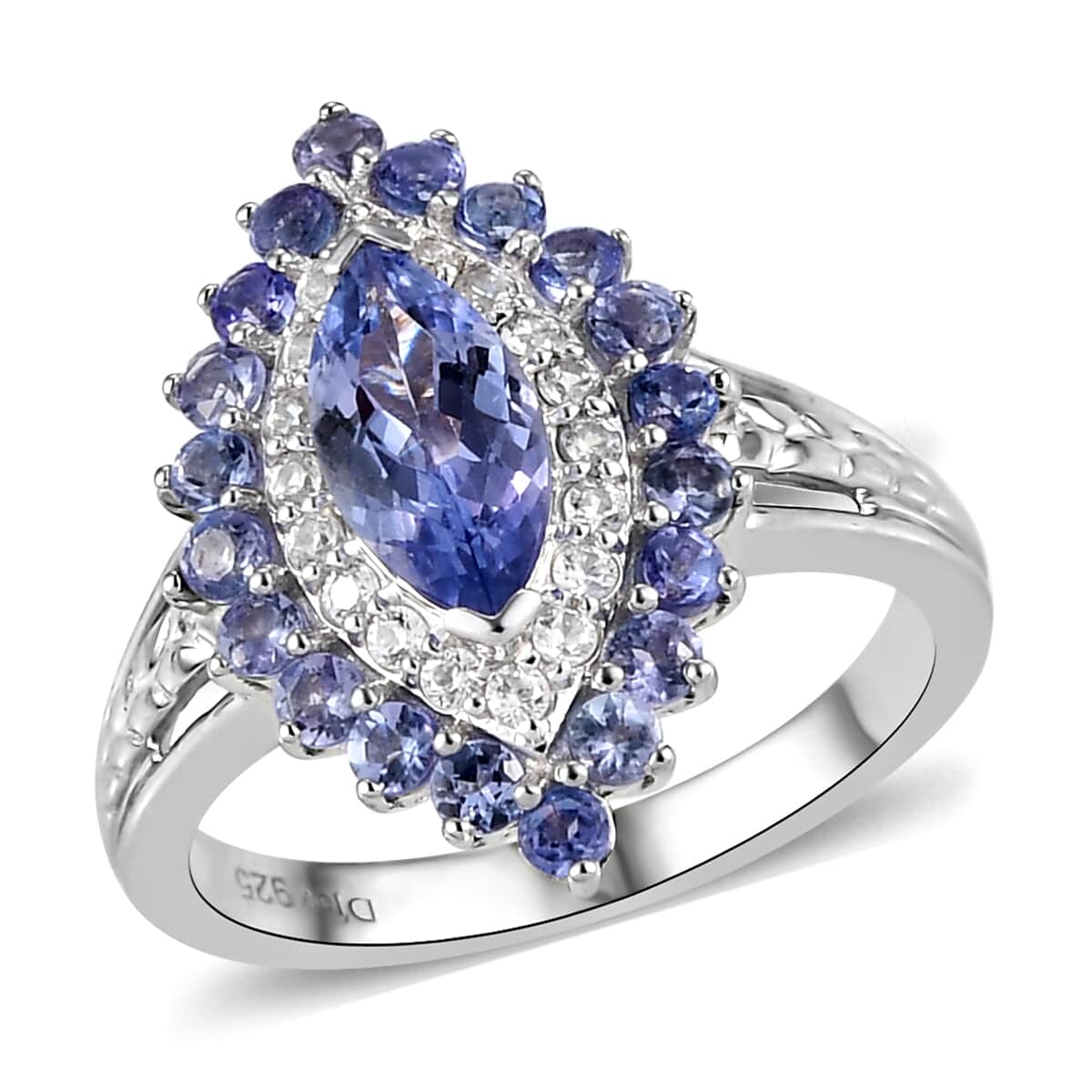 Tanzanite and Natural White Zircon Elongated Ring in Platinum Over Sterling Silver (Size 6.0) 2.10 ctw image number 0