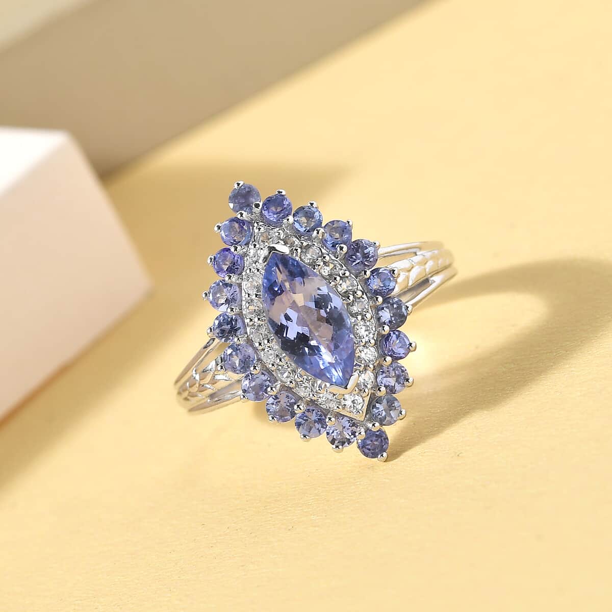 Tanzanite and Natural White Zircon Elongated Ring in Platinum Over Sterling Silver (Size 6.0) 2.10 ctw image number 1