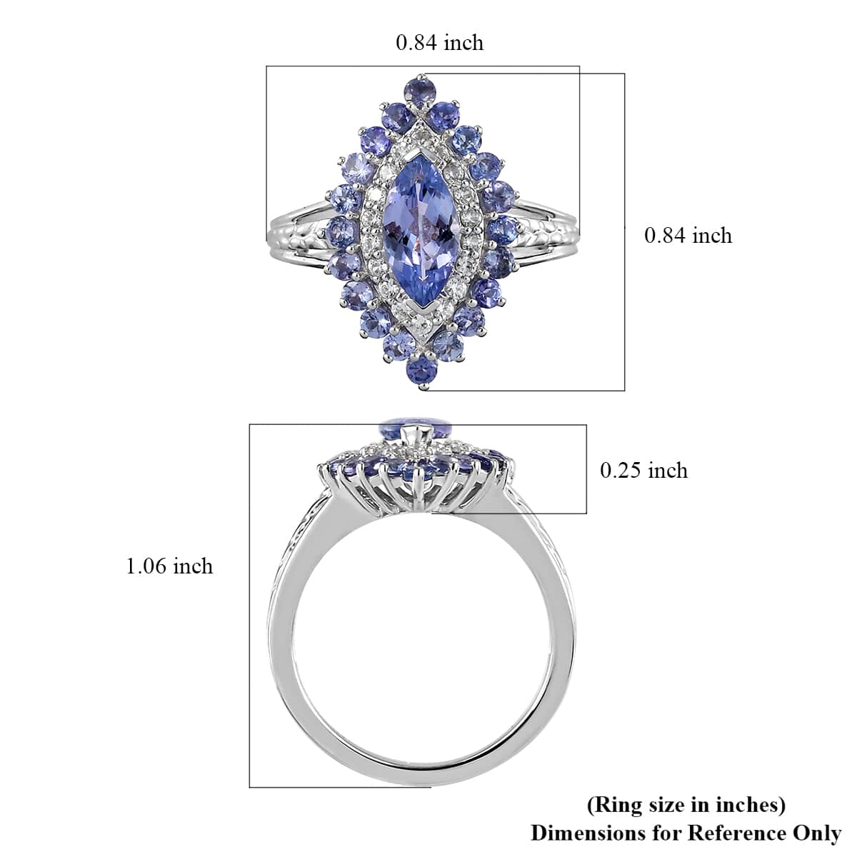 Tanzanite and Natural White Zircon Elongated Ring in Platinum Over Sterling Silver (Size 6.0) 2.10 ctw image number 5