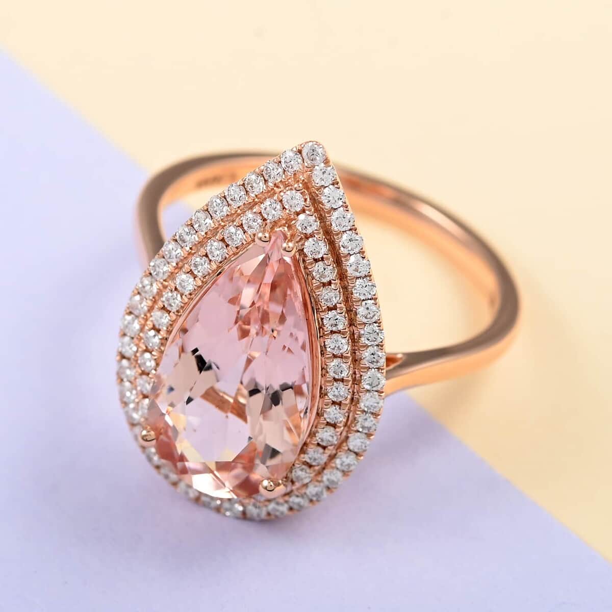 Certified & Appraised ILIANA 18K Rose Gold AAA Marropino Morganite and G-H SI Diamond Double Halo Ring 4.68 Grams 3.80 ctw image number 1