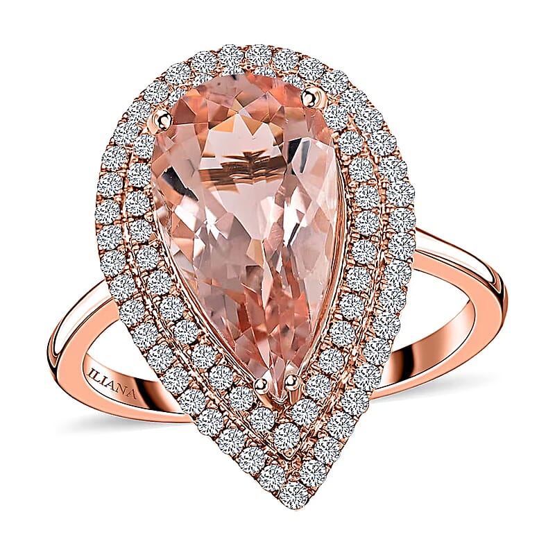 Certified and Appraised Iliana 18K Rose Gold AAA Marropino Morganite and G-H SI Diamond Double Halo Ring (Size 9.0) 4.68 Grams 3.80 ctw