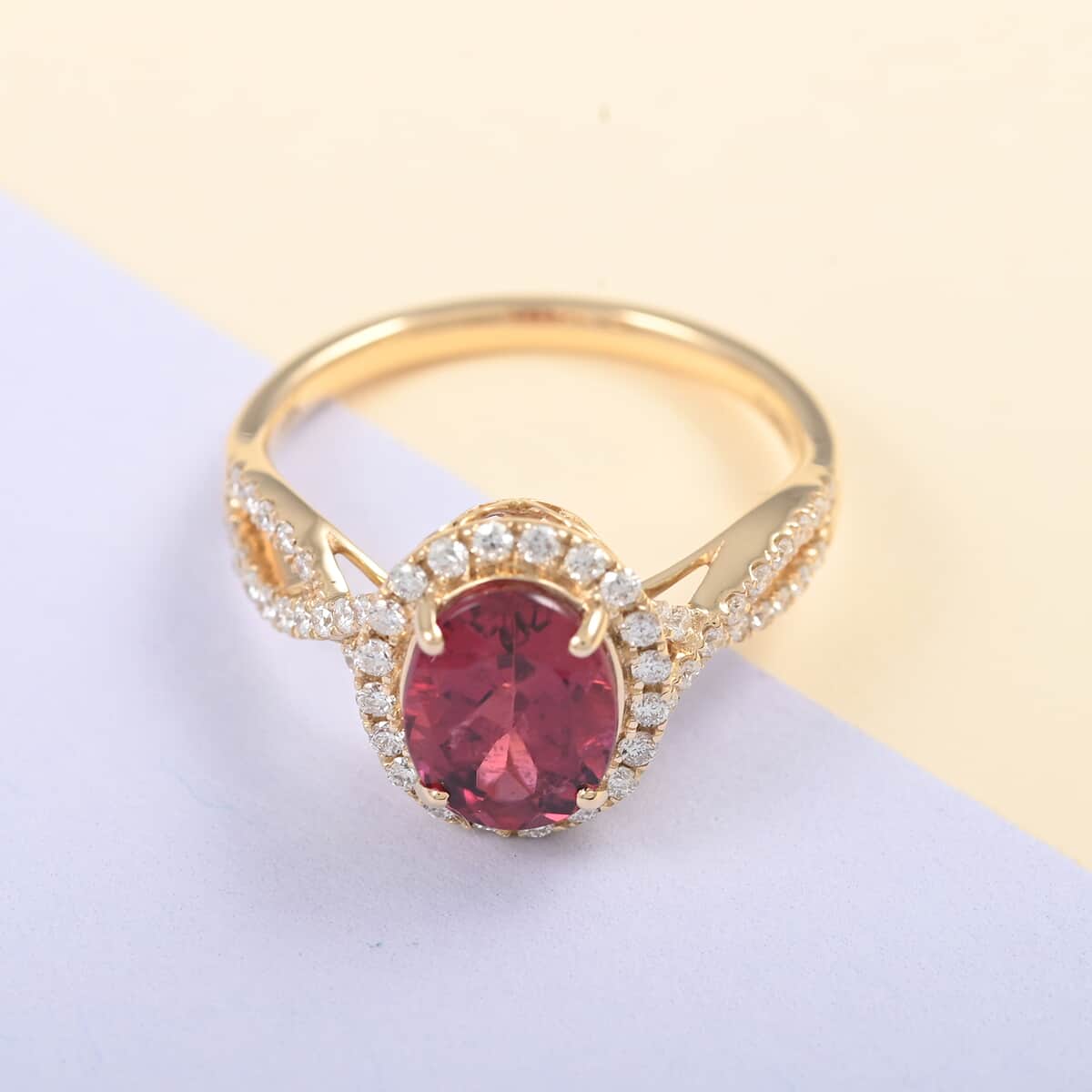 Iliana 18K Yellow Gold AAA Ouro Fino Rubellite and G-H SI Diamond Halo Ring (Size 8.0) 2.25 ctw image number 1