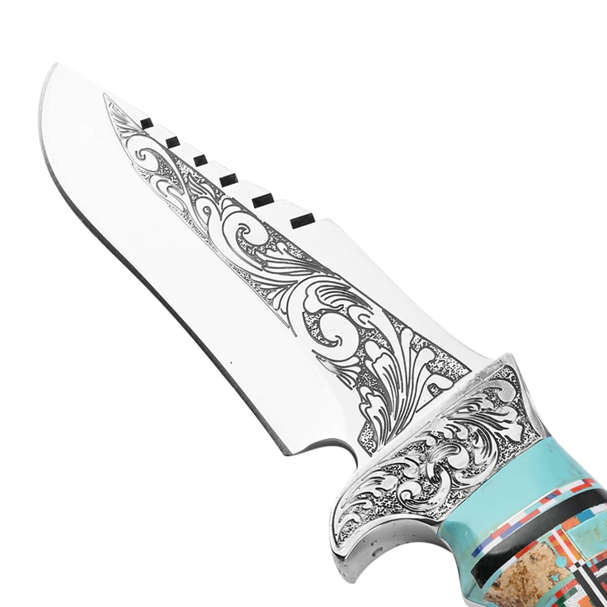 SANTA FE Style Multi Shell, Multi Gemstone Inlay Fixed Blade Knife with Leather Belt Sheath 63cts image number 3