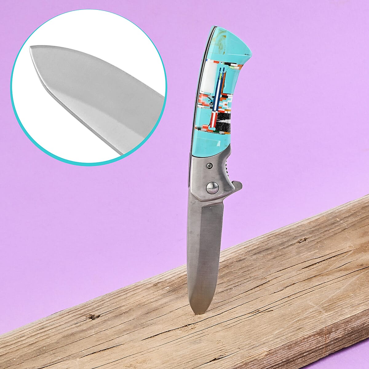 Santa Fe Style Multi Shell, Multi Gemstone Inlay Knife with Belt Clip image number 1