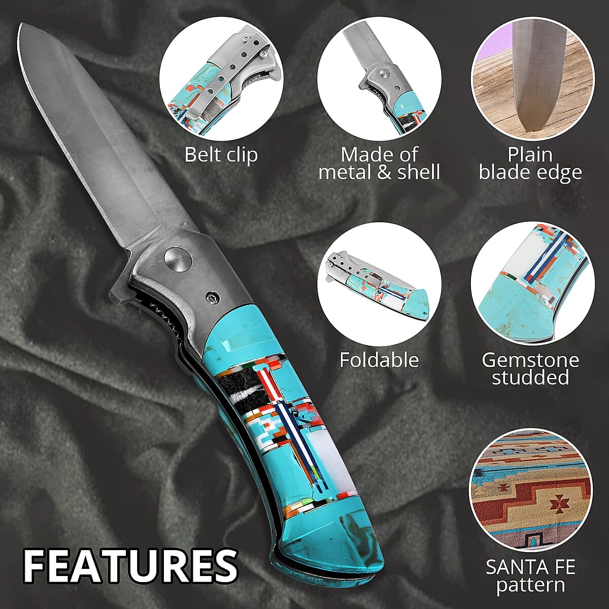 Santa Fe Style Multi Shell, Multi Gemstone Inlay Knife with Belt Clip image number 2