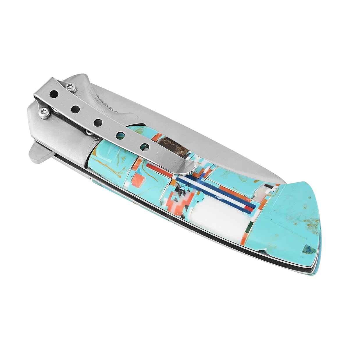 Santa Fe Style Multi Shell, Multi Gemstone Inlay Knife with Belt Clip image number 4