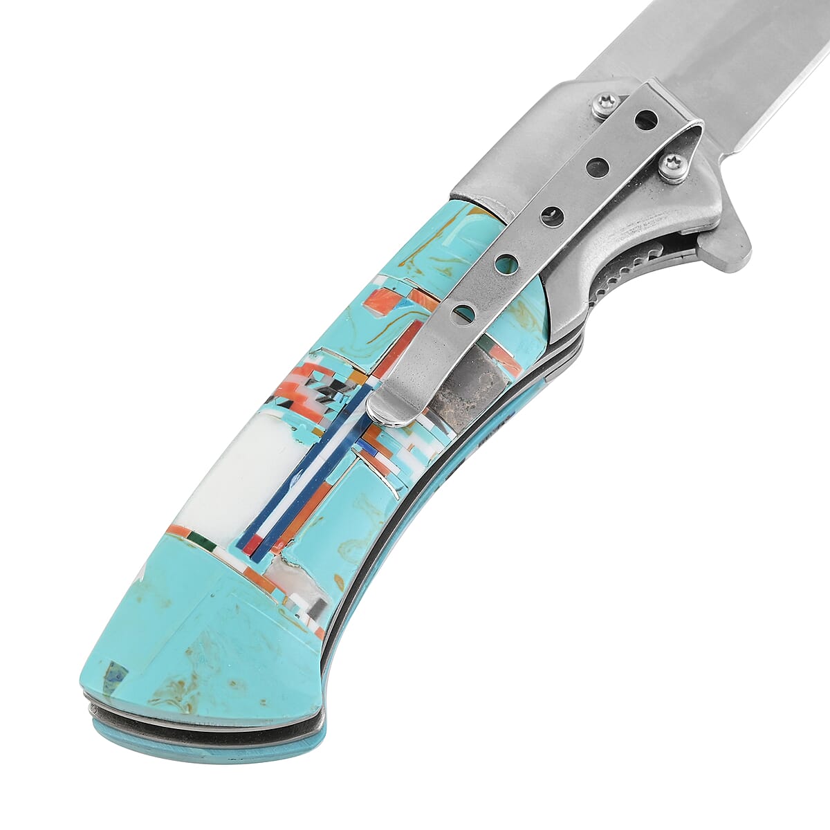 Santa Fe Style Multi Shell, Multi Gemstone Inlay Knife with Belt Clip image number 5