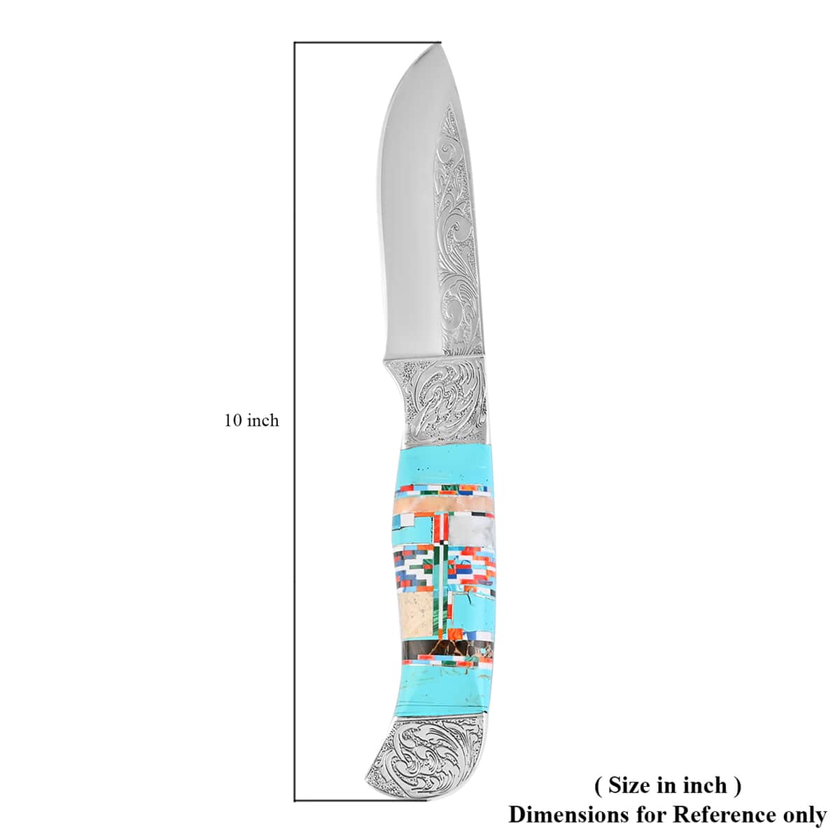SANTA FE Style Multi Shell, Multi Gemstone Inlay Fixed Blade Knife with Leather Belt Sheath 53ctw image number 6