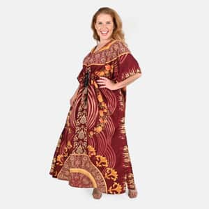Tamsy Maroon Ornate Printed Long Kaftan - One Size Fits Most