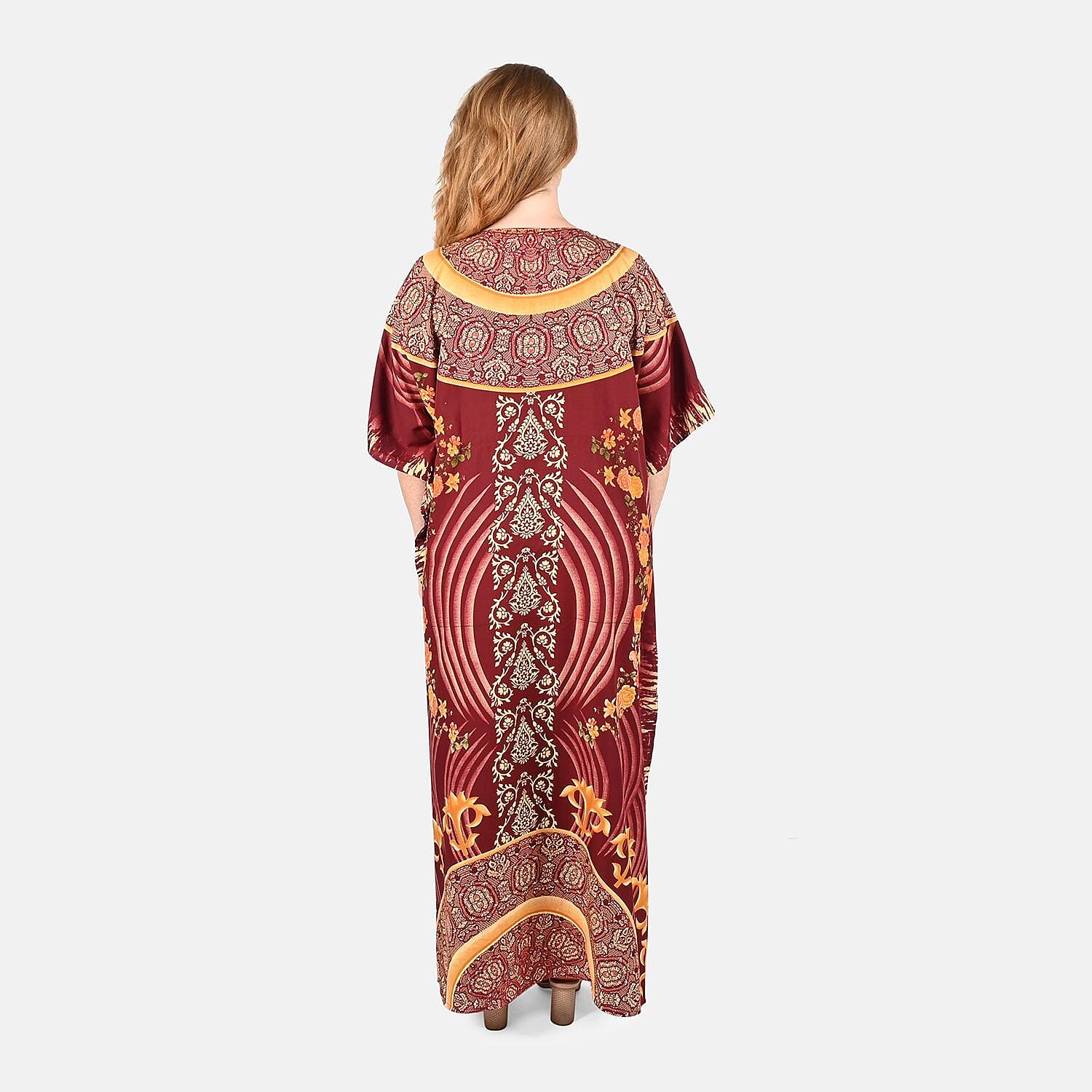 Tamsy Maroon Ornate Printed Long Kaftan - One Size Fits Most