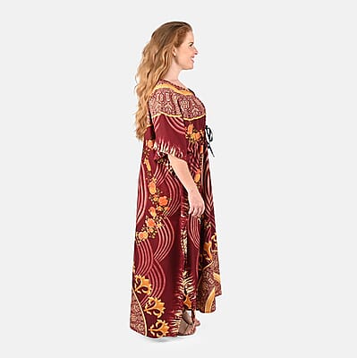 Tamsy Maroon Ornate Printed Long Kaftan - One Size Fits Most