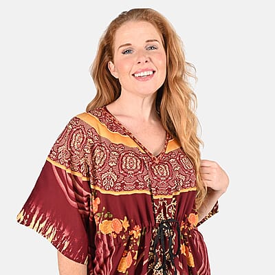 Tamsy Maroon Ornate Printed Long Kaftan - One Size Fits Most