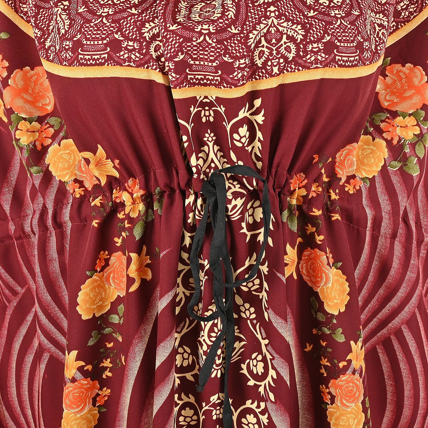 Tamsy Maroon Ornate Printed Long Kaftan - One Size Fits Most