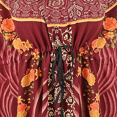 Tamsy Maroon Ornate Printed Long Kaftan - One Size Fits Most