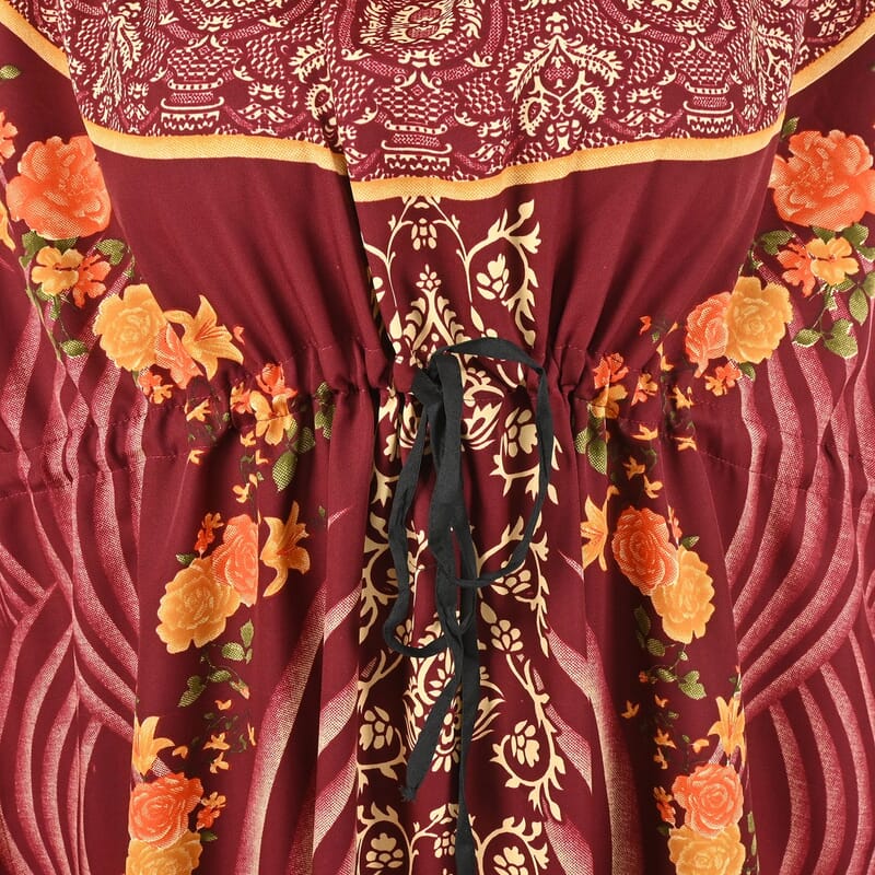 Tamsy Maroon Ornate Printed Long Kaftan - One Size Fits Most